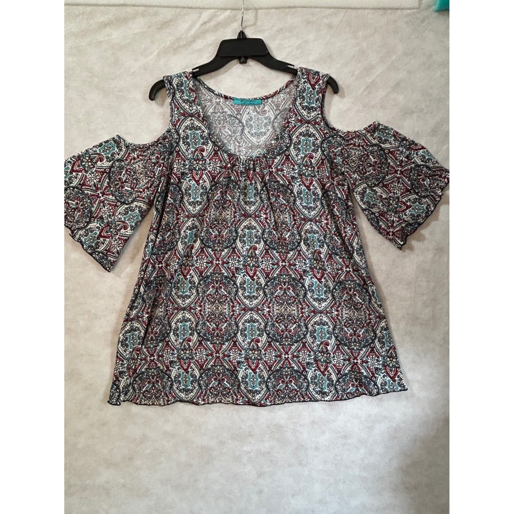 Turquoise Haven Womens Cold Shoulder Paisley Bell Sleeve Top Teal Burgundy XL